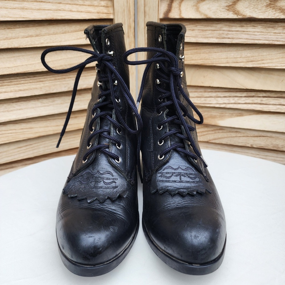 Ariat Sz 8 Black Leather Lace Up Kiltie Paddock Riding Western Heritage Boots